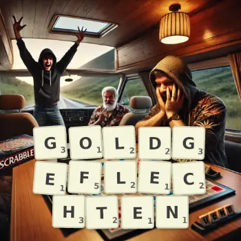Kreative Illustration für ein Scrabble-Spiel, bei dem das Wort GOLDGEFLECHTEN mit Steinen auf dem Brett gelegt wurde.