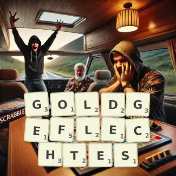 Kreative Illustration für ein Scrabble-Spiel, bei dem das Wort GOLDGEFLECHTES mit Steinen auf dem Brett gelegt wurde.