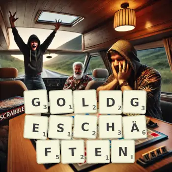 Kreative Illustration für ein Scrabble-Spiel, bei dem das Wort GOLDGESCHÄFTEN mit Steinen auf dem Brett gelegt wurde.