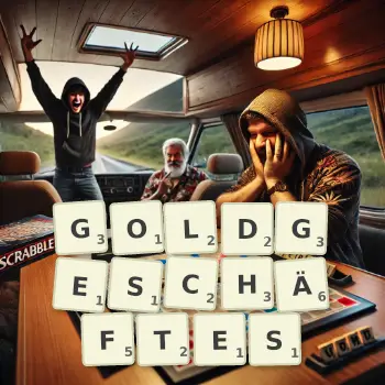 Kreative Illustration für ein Scrabble-Spiel, bei dem das Wort GOLDGESCHÄFTES mit Steinen auf dem Brett gelegt wurde.