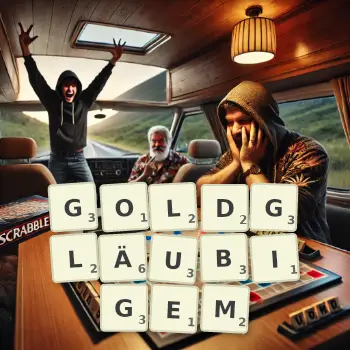 Kreative Illustration für ein Scrabble-Spiel, bei dem das Wort GOLDGLÄUBIGEM mit Steinen auf dem Brett gelegt wurde.