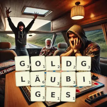 Kreative Illustration für ein Scrabble-Spiel, bei dem das Wort GOLDGLÄUBIGES mit Steinen auf dem Brett gelegt wurde.