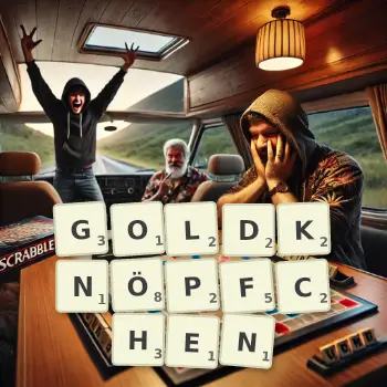 Kreative Illustration für ein Scrabble-Spiel, bei dem das Wort GOLDKNÖPFCHEN mit Steinen auf dem Brett gelegt wurde.