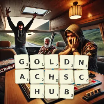 Kreative Illustration für ein Scrabble-Spiel, bei dem das Wort GOLDNACHSCHUB mit Steinen auf dem Brett gelegt wurde.