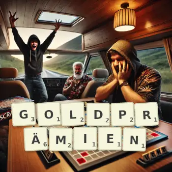 Kreative Illustration für ein Scrabble-Spiel, bei dem das Wort GOLDPRÄMIEN mit Steinen auf dem Brett gelegt wurde.