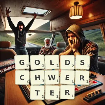 Kreative Illustration für ein Scrabble-Spiel, bei dem das Wort GOLDSCHWERTER mit Steinen auf dem Brett gelegt wurde.