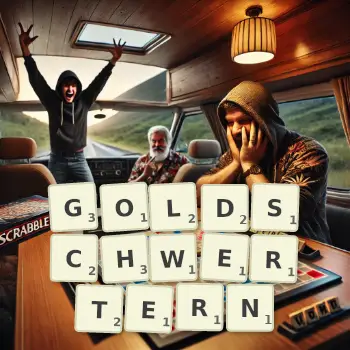 Kreative Illustration für ein Scrabble-Spiel, bei dem das Wort GOLDSCHWERTERN mit Steinen auf dem Brett gelegt wurde.