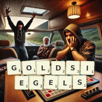 Kreative Illustration für ein Scrabble-Spiel, bei dem das Wort GOLDSIEGELS mit Steinen auf dem Brett gelegt wurde.