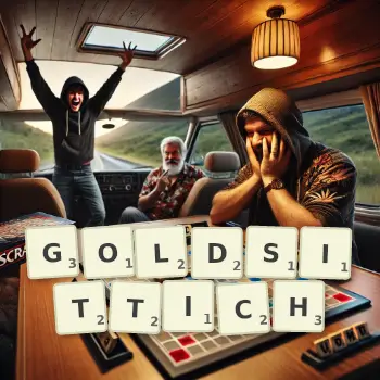 Kreative Illustration für ein Scrabble-Spiel, bei dem das Wort GOLDSITTICH mit Steinen auf dem Brett gelegt wurde.