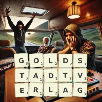Kreative Illustration für ein Scrabble-Spiel, bei dem das Wort GOLDSTADTVERLAG mit Steinen auf dem Brett gelegt wurde.