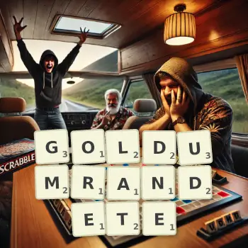 Kreative Illustration für ein Scrabble-Spiel, bei dem das Wort GOLDUMRANDETE mit Steinen auf dem Brett gelegt wurde.