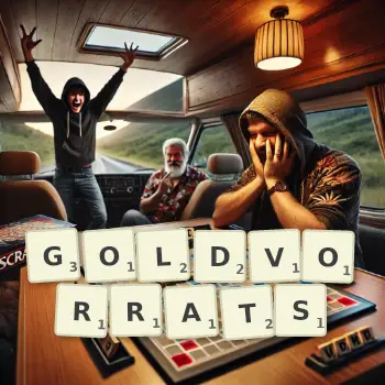 Kreative Illustration für ein Scrabble-Spiel, bei dem das Wort GOLDVORRATS mit Steinen auf dem Brett gelegt wurde.