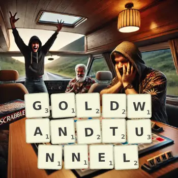 Kreative Illustration für ein Scrabble-Spiel, bei dem das Wort GOLDWANDTUNNEL mit Steinen auf dem Brett gelegt wurde.