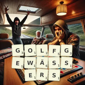 Kreative Illustration für ein Scrabble-Spiel, bei dem das Wort GOLFGEWÄSSERS mit Steinen auf dem Brett gelegt wurde.