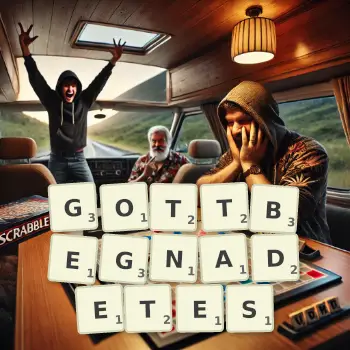 Kreative Illustration für ein Scrabble-Spiel, bei dem das Wort GOTTBEGNADETES mit Steinen auf dem Brett gelegt wurde.