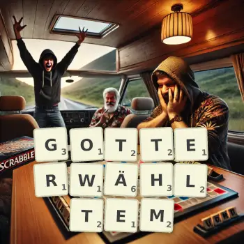 Kreative Illustration für ein Scrabble-Spiel, bei dem das Wort GOTTERWÄHLTEM mit Steinen auf dem Brett gelegt wurde.