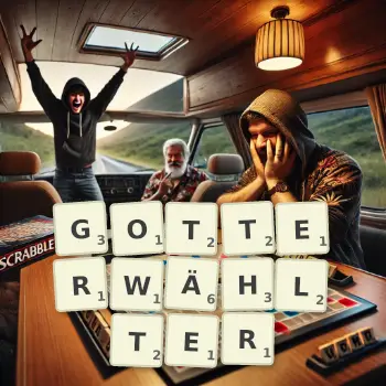 Kreative Illustration für ein Scrabble-Spiel, bei dem das Wort GOTTERWÄHLTER mit Steinen auf dem Brett gelegt wurde.