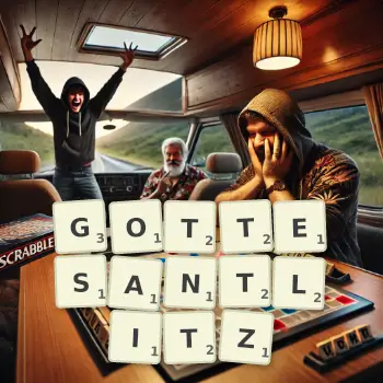 Kreative Illustration für ein Scrabble-Spiel, bei dem das Wort GOTTESANTLITZ mit Steinen auf dem Brett gelegt wurde.