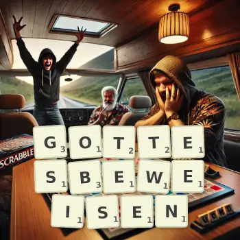 Kreative Illustration für ein Scrabble-Spiel, bei dem das Wort GOTTESBEWEISEN mit Steinen auf dem Brett gelegt wurde.