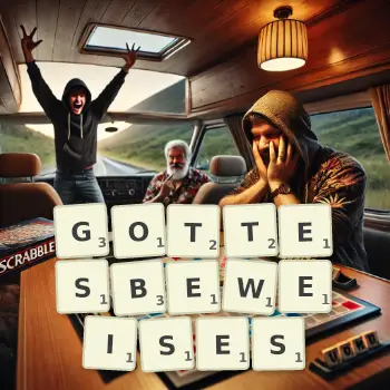 Kreative Illustration für ein Scrabble-Spiel, bei dem das Wort GOTTESBEWEISES mit Steinen auf dem Brett gelegt wurde.