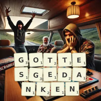 Kreative Illustration für ein Scrabble-Spiel, bei dem das Wort GOTTESGEDANKEN mit Steinen auf dem Brett gelegt wurde.