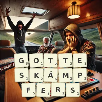 Kreative Illustration für ein Scrabble-Spiel, bei dem das Wort GOTTESKÄMPFERS mit Steinen auf dem Brett gelegt wurde.