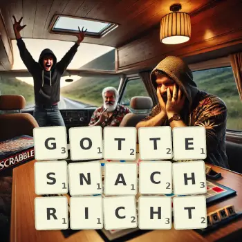 Kreative Illustration für ein Scrabble-Spiel, bei dem das Wort GOTTESNACHRICHT mit Steinen auf dem Brett gelegt wurde.