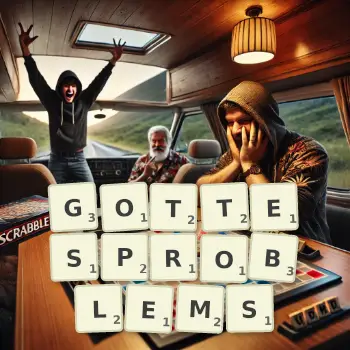 Kreative Illustration für ein Scrabble-Spiel, bei dem das Wort GOTTESPROBLEMS mit Steinen auf dem Brett gelegt wurde.