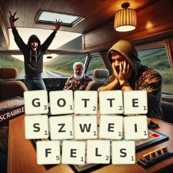 Kreative Illustration für ein Scrabble-Spiel, bei dem das Wort GOTTESZWEIFELS mit Steinen auf dem Brett gelegt wurde.