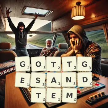 Kreative Illustration für ein Scrabble-Spiel, bei dem das Wort GOTTGESANDTEM mit Steinen auf dem Brett gelegt wurde.