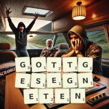 Kreative Illustration für ein Scrabble-Spiel, bei dem das Wort GOTTGESEGNETEN mit Steinen auf dem Brett gelegt wurde.