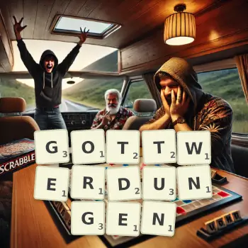 Kreative Illustration für ein Scrabble-Spiel, bei dem das Wort GOTTWERDUNGEN mit Steinen auf dem Brett gelegt wurde.