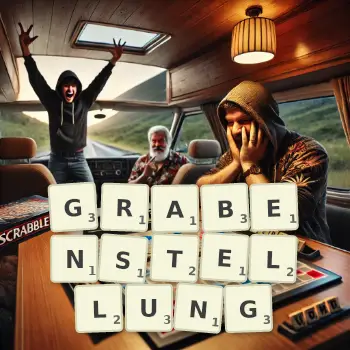 Kreative Illustration für ein Scrabble-Spiel, bei dem das Wort GRABENSTELLUNG mit Steinen auf dem Brett gelegt wurde.