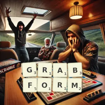 Kreative Illustration für ein Scrabble-Spiel, bei dem das Wort GRABFORM mit Steinen auf dem Brett gelegt wurde.