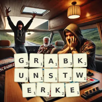 Kreative Illustration für ein Scrabble-Spiel, bei dem das Wort GRABKUNSTWERKE mit Steinen auf dem Brett gelegt wurde.
