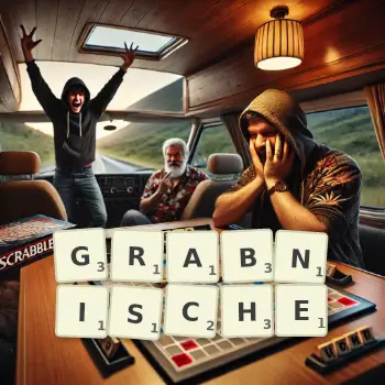 Kreative Illustration für ein Scrabble-Spiel, bei dem das Wort GRABNISCHE mit Steinen auf dem Brett gelegt wurde.