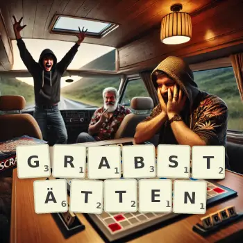 Kreative Illustration für ein Scrabble-Spiel, bei dem das Wort GRABSTÄTTEN mit Steinen auf dem Brett gelegt wurde.
