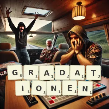 Kreative Illustration für ein Scrabble-Spiel, bei dem das Wort GRADATIONEN mit Steinen auf dem Brett gelegt wurde.