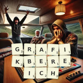 Kreative Illustration für ein Scrabble-Spiel, bei dem das Wort GRAFIKBEREICH mit Steinen auf dem Brett gelegt wurde.