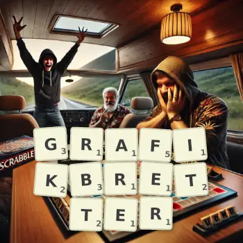 Kreative Illustration für ein Scrabble-Spiel, bei dem das Wort GRAFIKBRETTER mit Steinen auf dem Brett gelegt wurde.