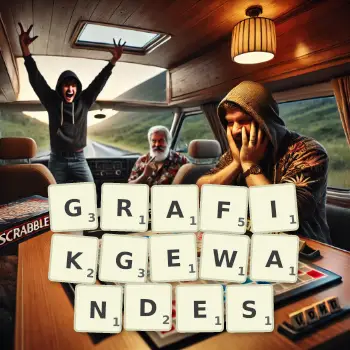 Kreative Illustration für ein Scrabble-Spiel, bei dem das Wort GRAFIKGEWANDES mit Steinen auf dem Brett gelegt wurde.