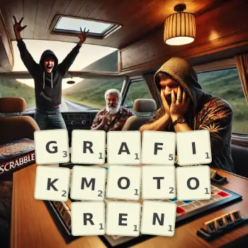 Kreative Illustration für ein Scrabble-Spiel, bei dem das Wort GRAFIKMOTOREN mit Steinen auf dem Brett gelegt wurde.