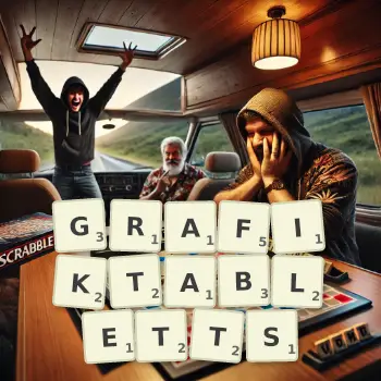 Kreative Illustration für ein Scrabble-Spiel, bei dem das Wort GRAFIKTABLETTS mit Steinen auf dem Brett gelegt wurde.