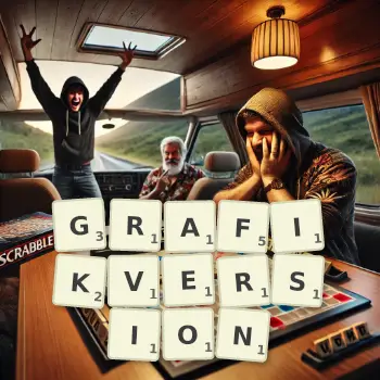 Kreative Illustration für ein Scrabble-Spiel, bei dem das Wort GRAFIKVERSION mit Steinen auf dem Brett gelegt wurde.