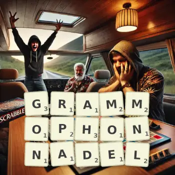 Kreative Illustration für ein Scrabble-Spiel, bei dem das Wort GRAMMOPHONNADEL mit Steinen auf dem Brett gelegt wurde.