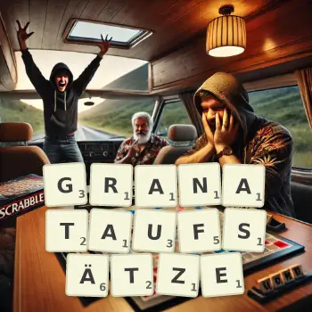 Kreative Illustration für ein Scrabble-Spiel, bei dem das Wort GRANATAUFSÄTZE mit Steinen auf dem Brett gelegt wurde.