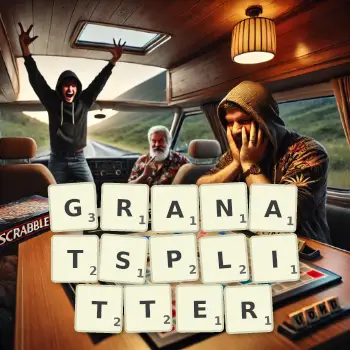 Kreative Illustration für ein Scrabble-Spiel, bei dem das Wort GRANATSPLITTER mit Steinen auf dem Brett gelegt wurde.