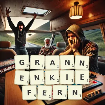 Kreative Illustration für ein Scrabble-Spiel, bei dem das Wort GRANNENKIEFERN mit Steinen auf dem Brett gelegt wurde.