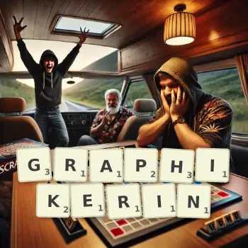 Kreative Illustration für ein Scrabble-Spiel, bei dem das Wort GRAPHIKERIN mit Steinen auf dem Brett gelegt wurde.