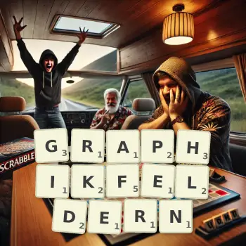 Kreative Illustration für ein Scrabble-Spiel, bei dem das Wort GRAPHIKFELDERN mit Steinen auf dem Brett gelegt wurde.